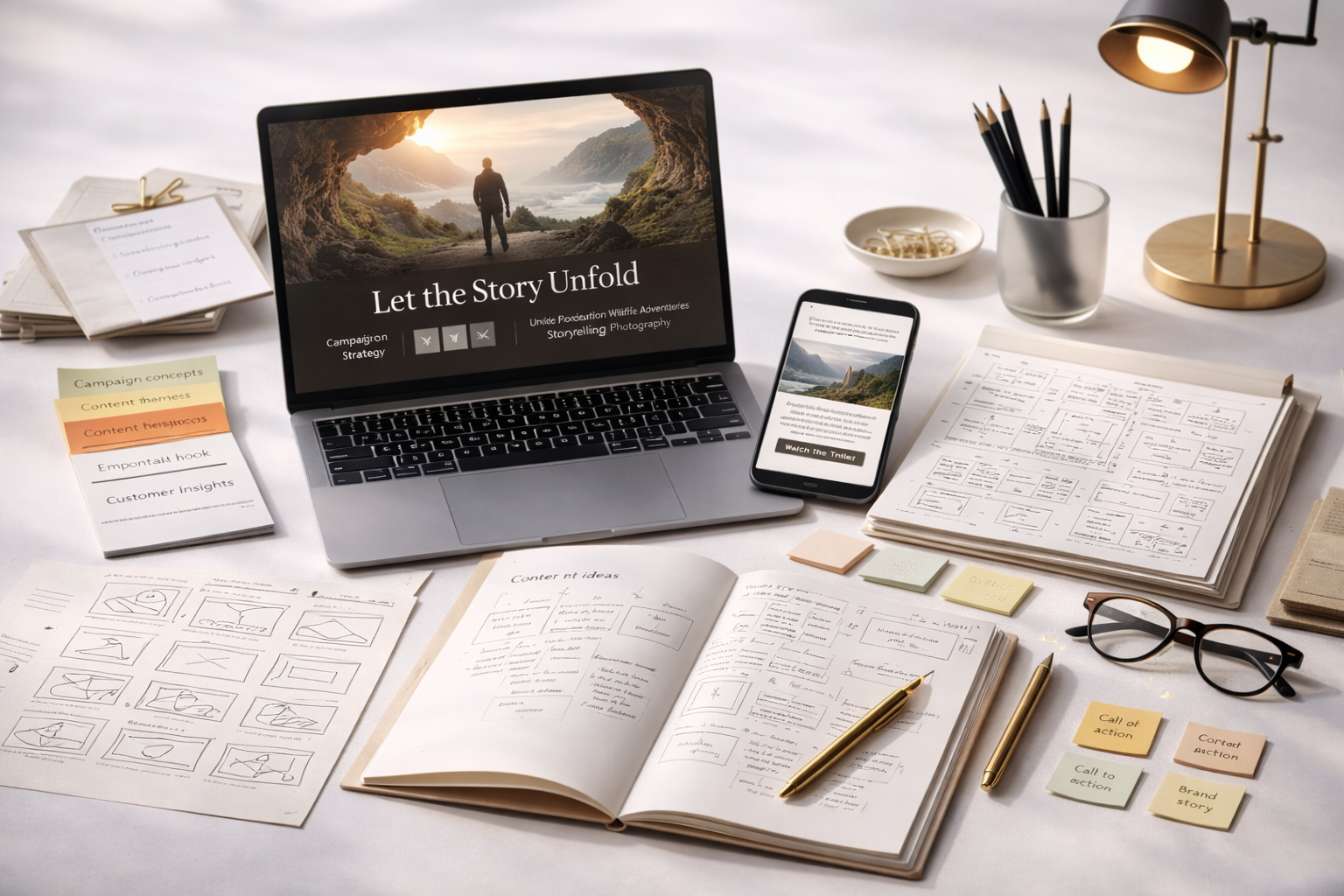 Marketing workspace with a laptop showing a campaign page, a phone and handwritten planning notes