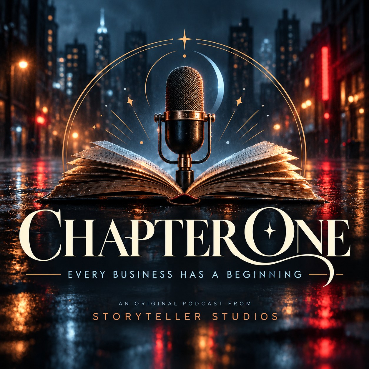 Chapter One podcast cover art: a vintage microphone rising from an open book on a rain-soaked city street, with the tagline Every Business Has a Beginning