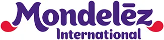 Mondelez International logo with purple text and red curved accents.
