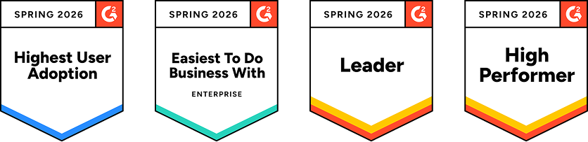 G2 Spring 2026 badges — Highest User Adoption, Easiest To Do Business With Enterprise, Leader, High Performer.