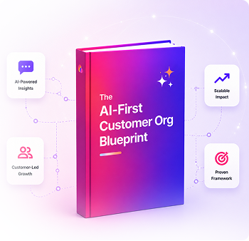 The AI-First Customer Org Blueprint ebook — 3D book mockup with AI-Powered Insights, Customer-Led Growth, Scalable Impact, and Proven Framework callouts.