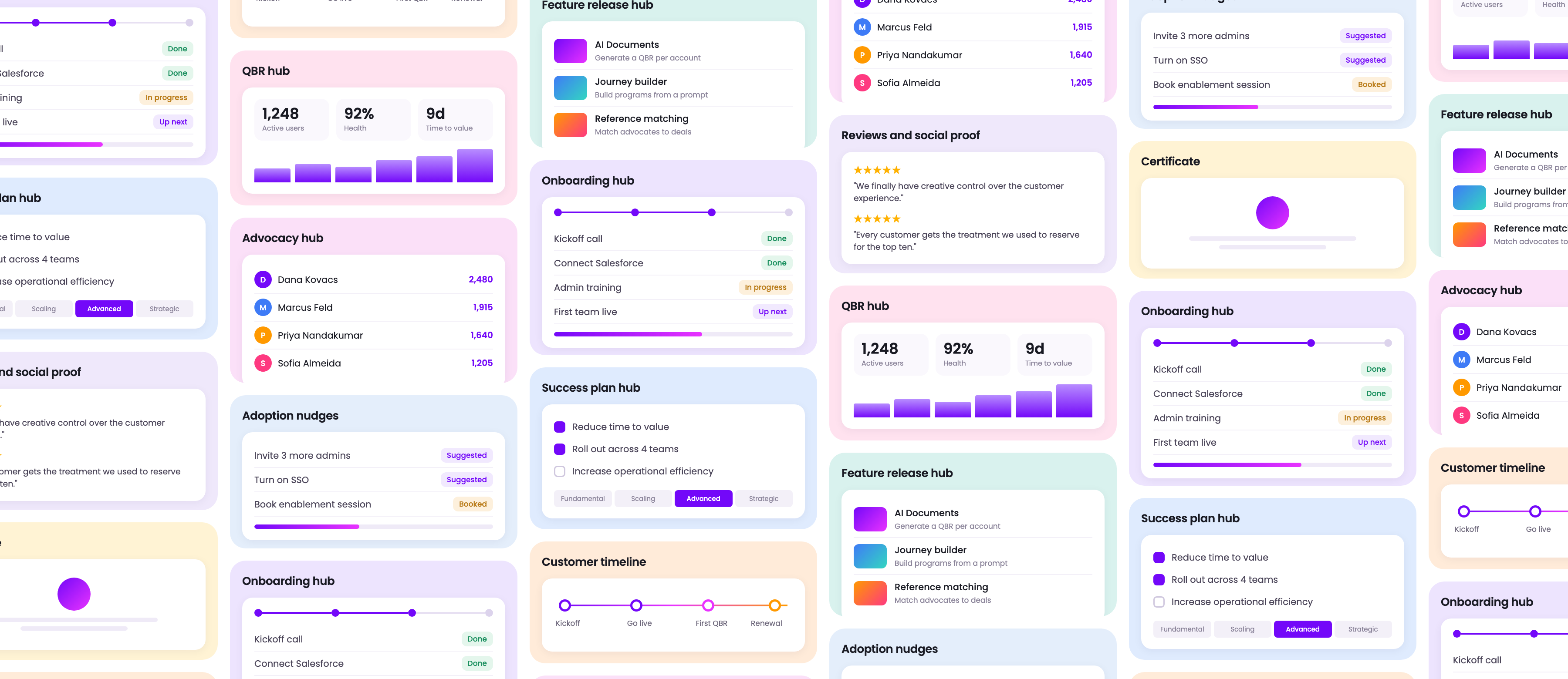 A wall of customer hubs built in Base Studio, each in a different customer's brand: onboarding plans, success plans, QBR hubs, advocacy and reference programs