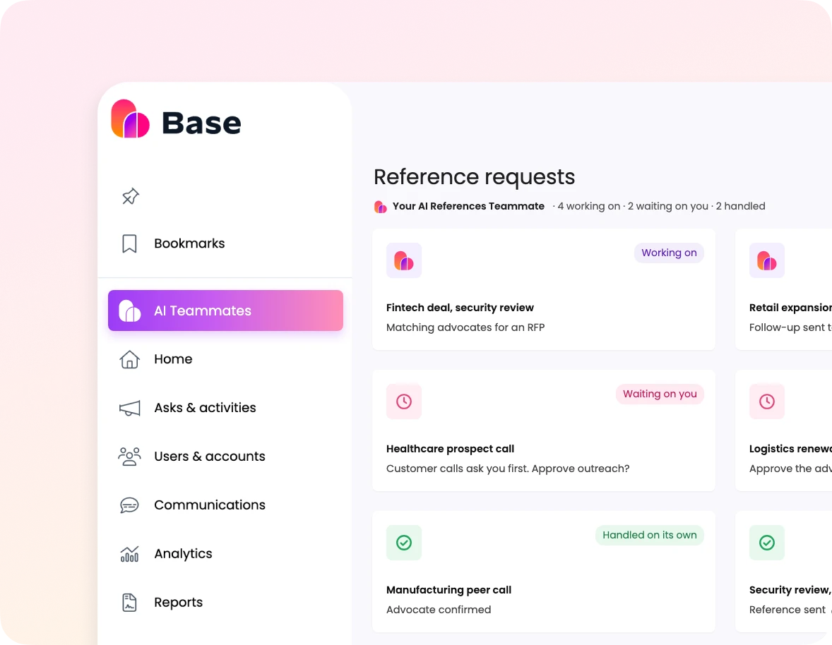 Base AI teammate workspace: the AI References Teammate's reference requests by status, working on, waiting on you and handled on its own