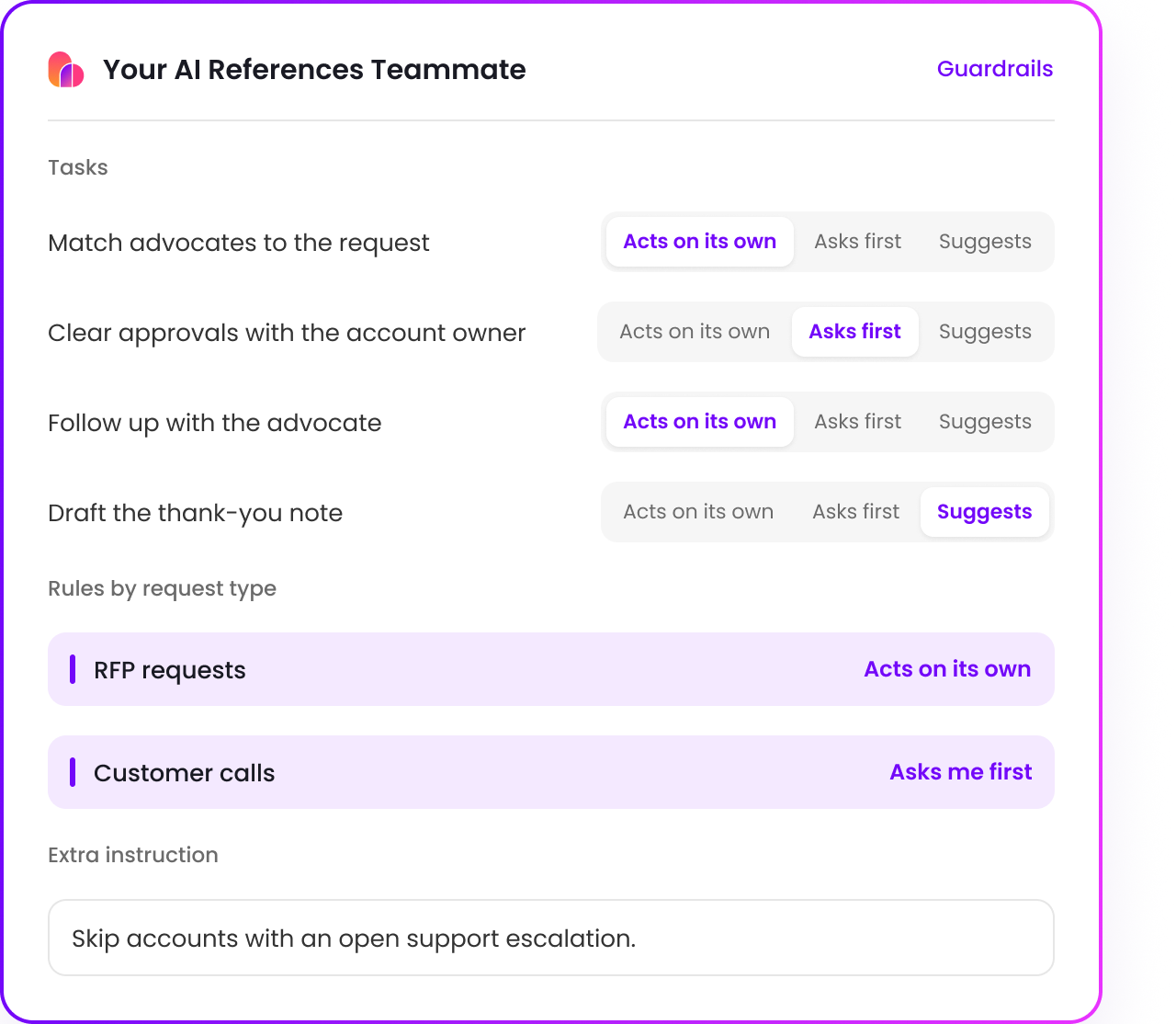 AI References Teammate guardrails in Base AI: choose which tasks it does on its own, asks first or only suggests, with rules by request type