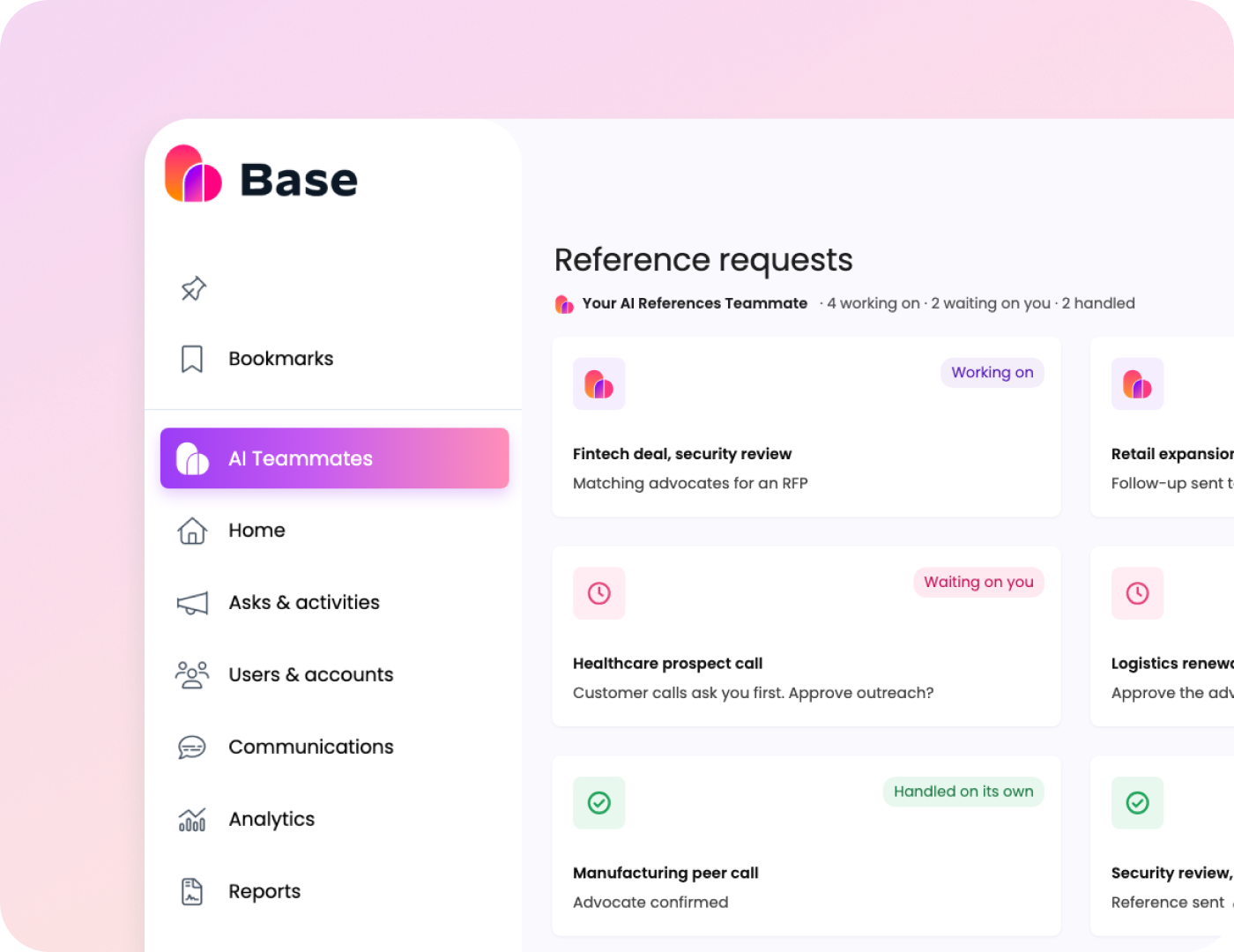 An AI teammate in Base AI working through reference requests: what it is working on, waiting on you, and handled on its own