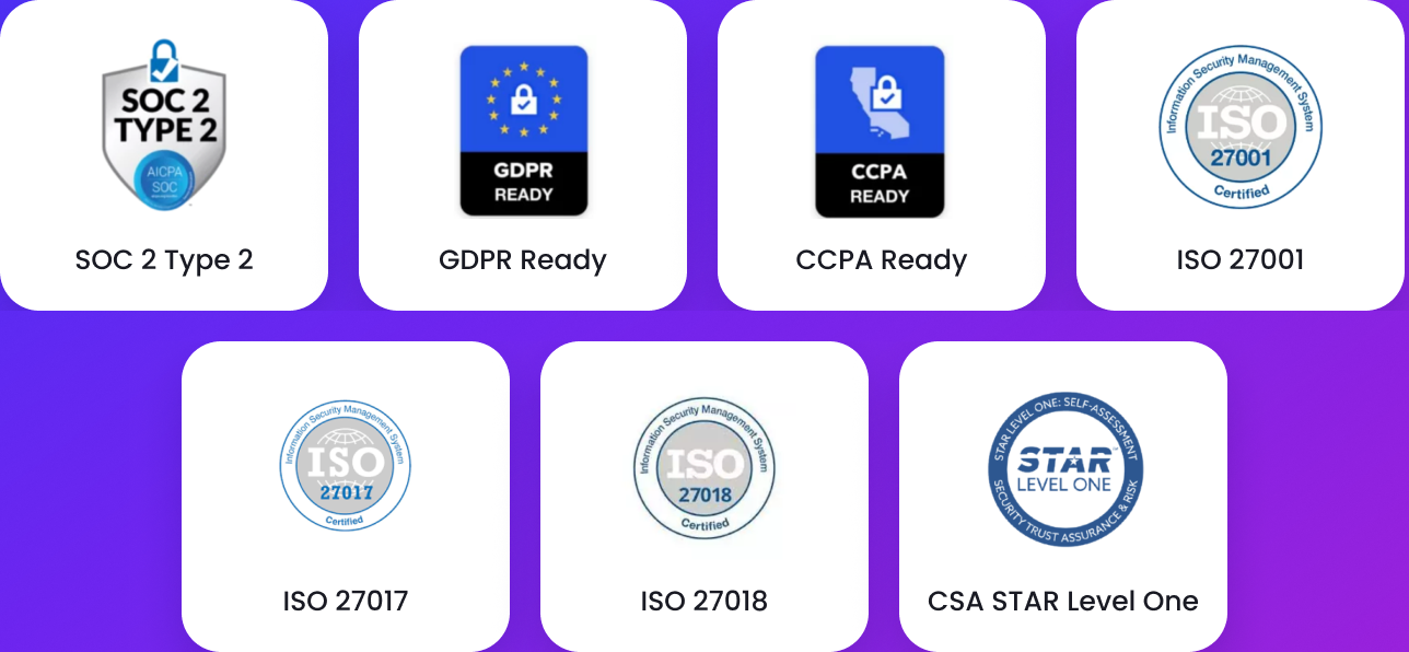 Security certifications: SOC 2 Type 2, GDPR Ready, CCPA Ready, ISO 27001, ISO 27017, ISO 27018 and CSA STAR Level One