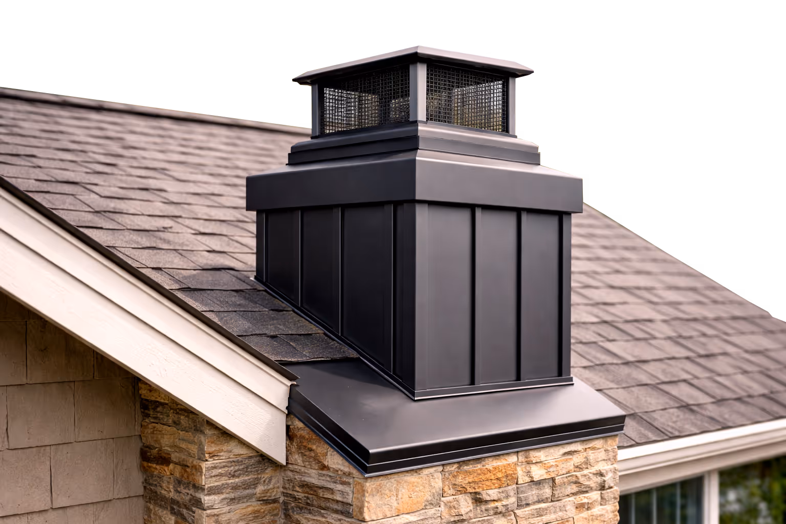 Black metal chimney cap installed on stone chimney atop a shingled roof.