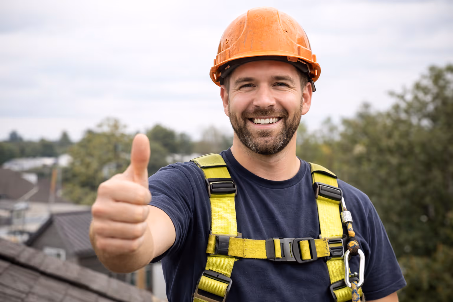 Smiling construction worker wearing an orange hard hat and yellow safety harness giving a thumbs up.