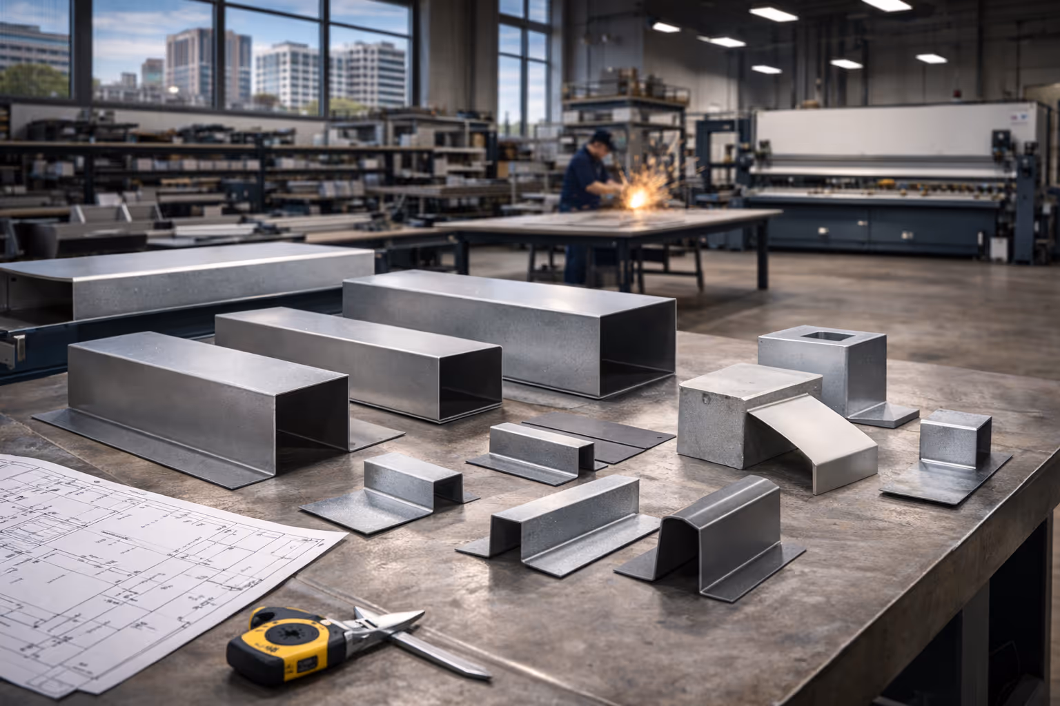 Metal ductwork components of various shapes and sizes arranged on a workshop table with blueprints and a measuring tape nearby, and a worker welding in the background.