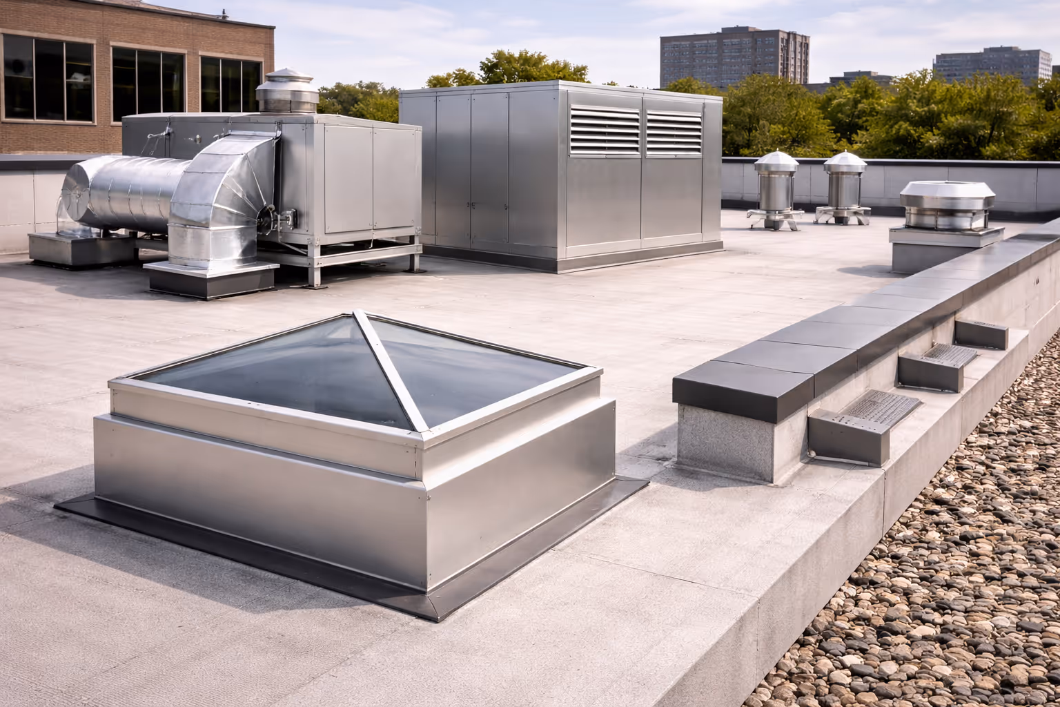 Flat rooftop with industrial HVAC units, ventilation ducts, vents, and a pyramid-shaped skylight.