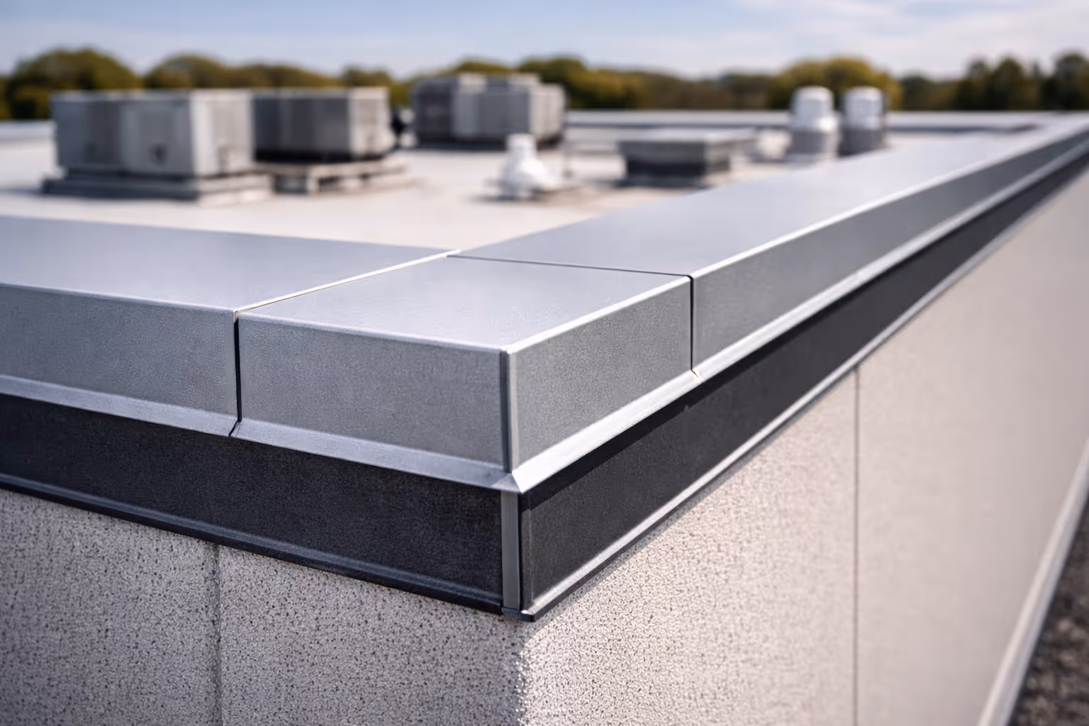 Close-up of a flat commercial rooftop edge with metal flashing and HVAC units in the background.