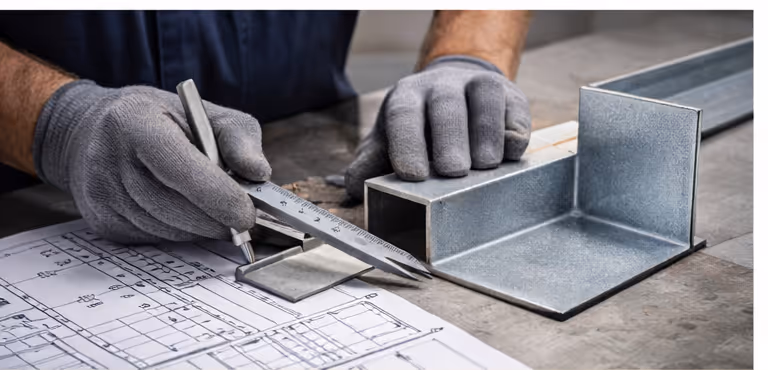 Hands wearing gray gloves measuring metal parts with a ruler and marking on a blueprint on a workbench.