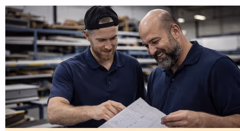Two men in navy blue shirts reviewing a blueprint together in an industrial setting.