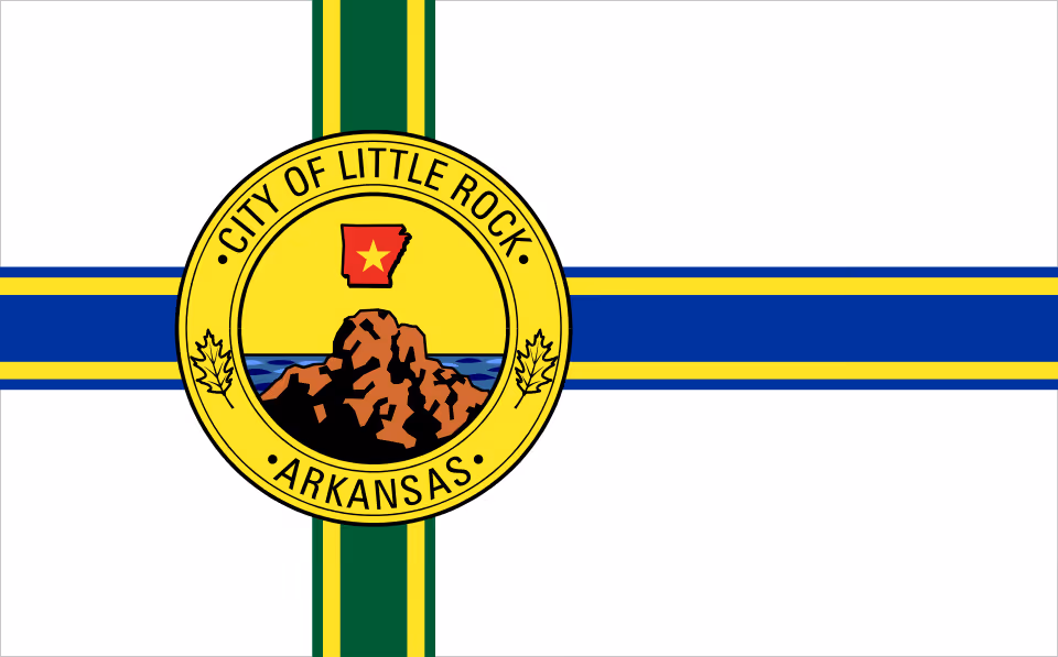 Flag of Little Rock, Arkansas, featuring a yellow circular emblem with a red rock and state outline over green and blue stripes on a white background.