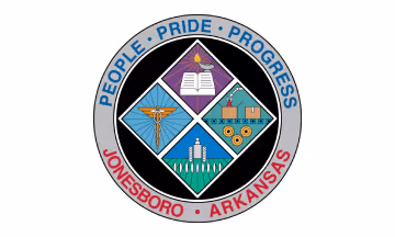 Seal of Jonesboro, Arkansas featuring four quadrants with symbols: an open book and star, caduceus, industrial building with smokestacks and gears, and agricultural field with silo and trees, encircled by the words 'People Pride Progress' and 'Jonesboro Arkansas'.