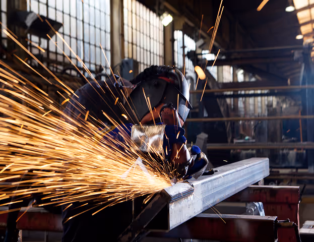 Worker wearing protective helmet and gloves grinding metal beam with sparks flying in a factory workshop.