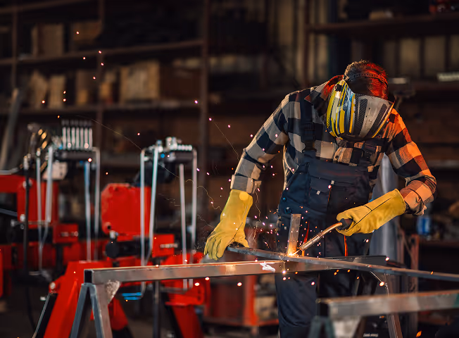 Worker using a welding torch on metal in an industrial workshop, wearing protective gloves and a face shield.