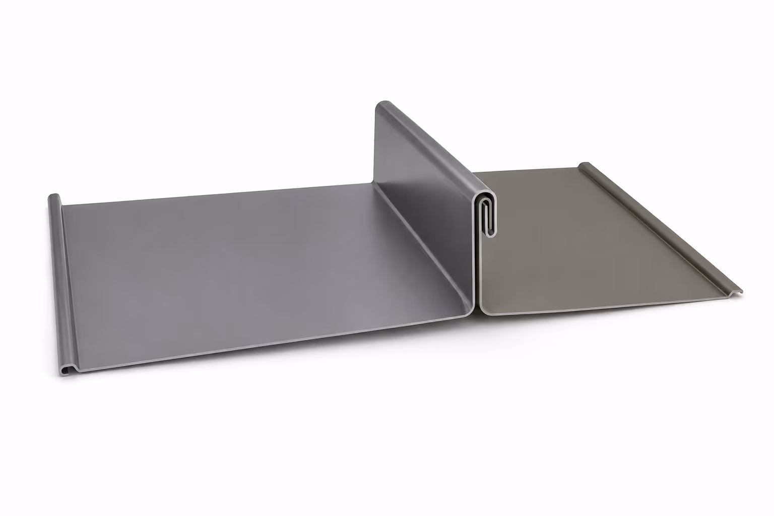 Close-up of a gray metal mechanical lock standing seam panel for roofing or siding.