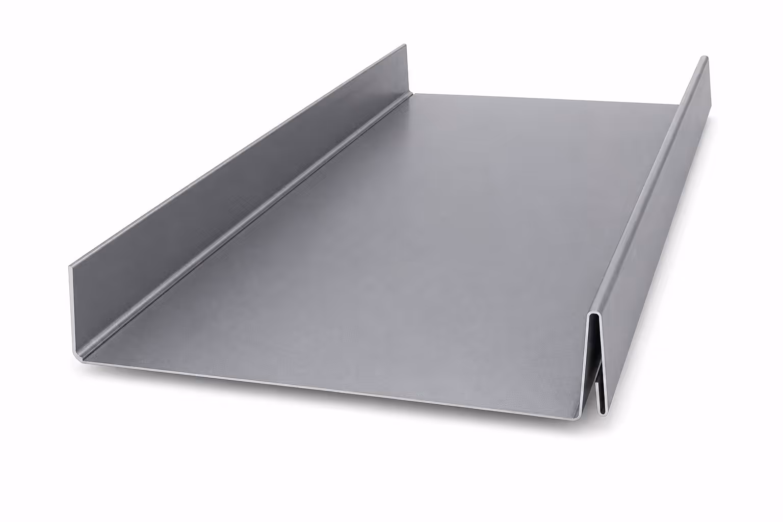 Gray metal snap lock standing seam panel used in roofing and siding.