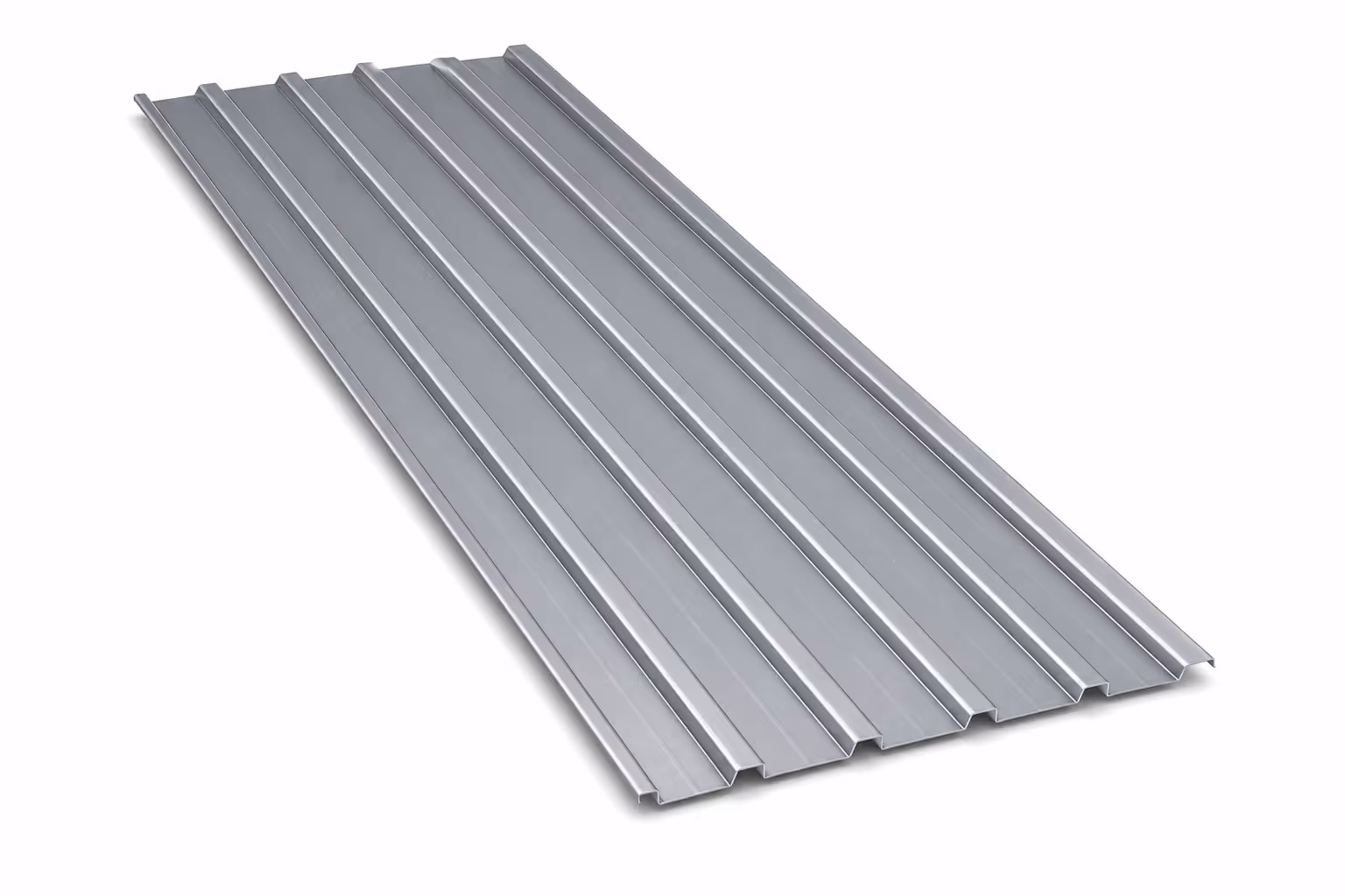 Silver wide commercial metal siding panel with multiple ridges on a white background.