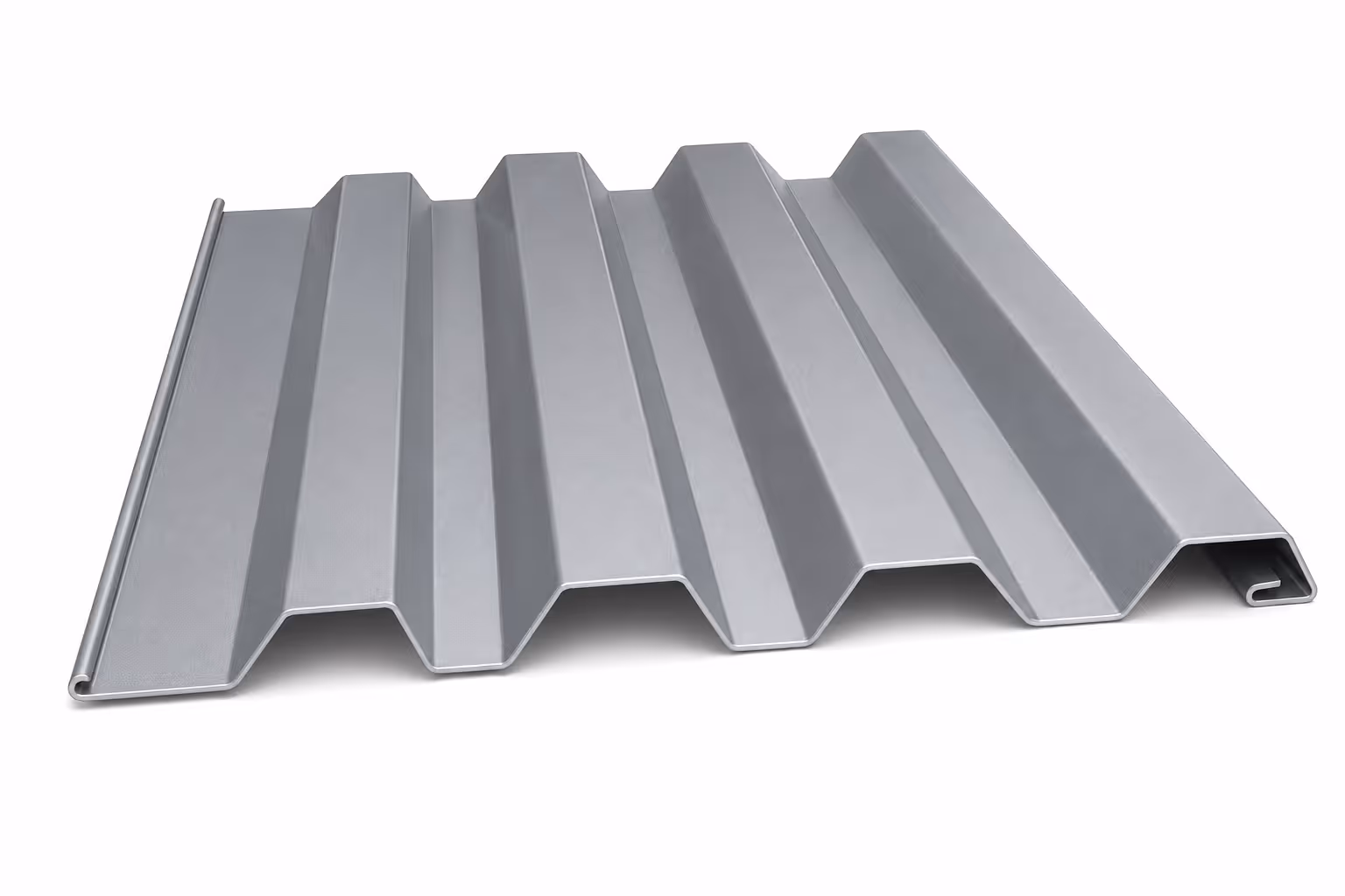 Silver wide corrugated metal panel used for siding or roofing with a trapezoidal profile.