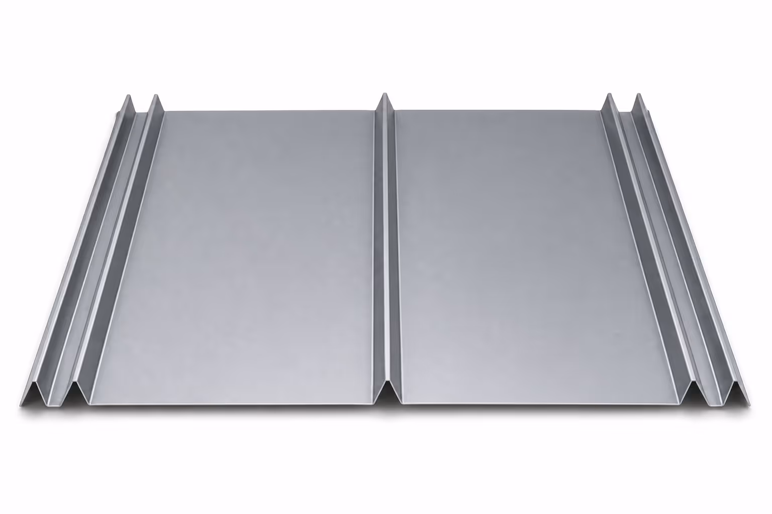 Wide 5V crimp metal roofing panel showing raised seams and smooth surface.
