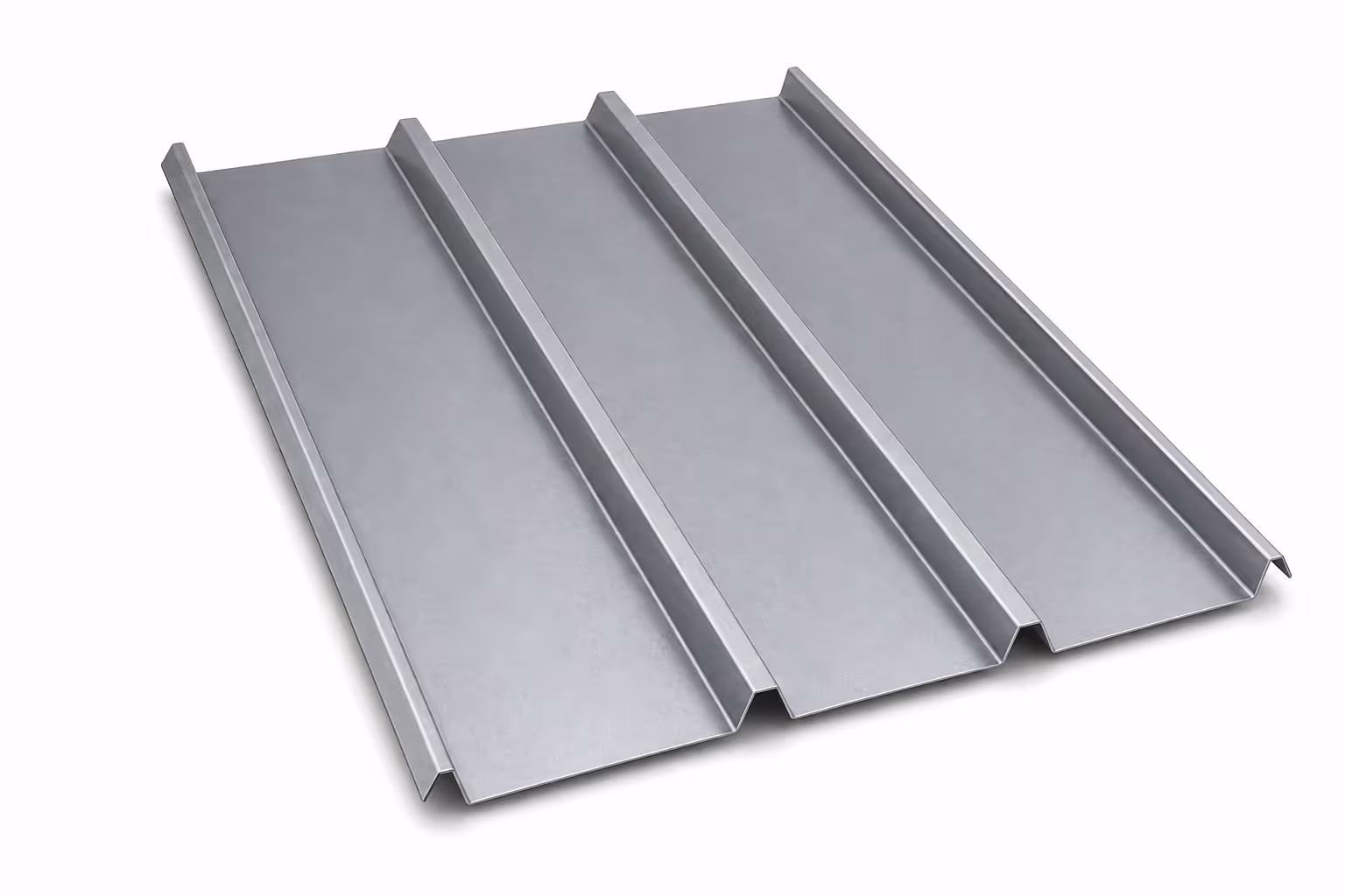 Silver-gray metal standing seam roofing panel with four raised ribs.
