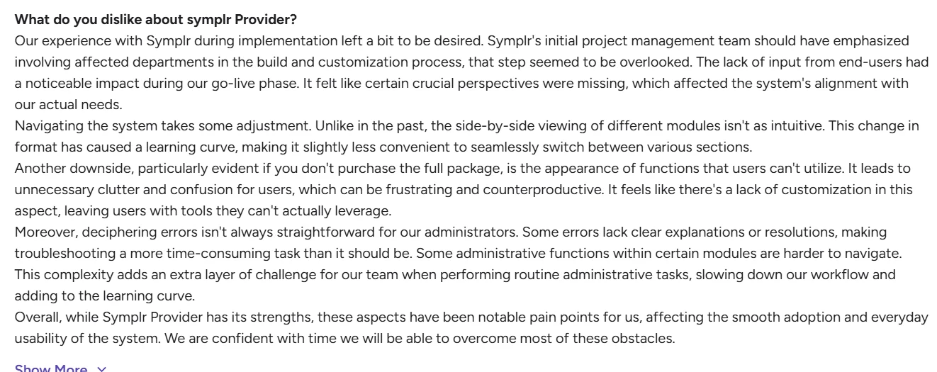 What do you dislike about Symplr provider?