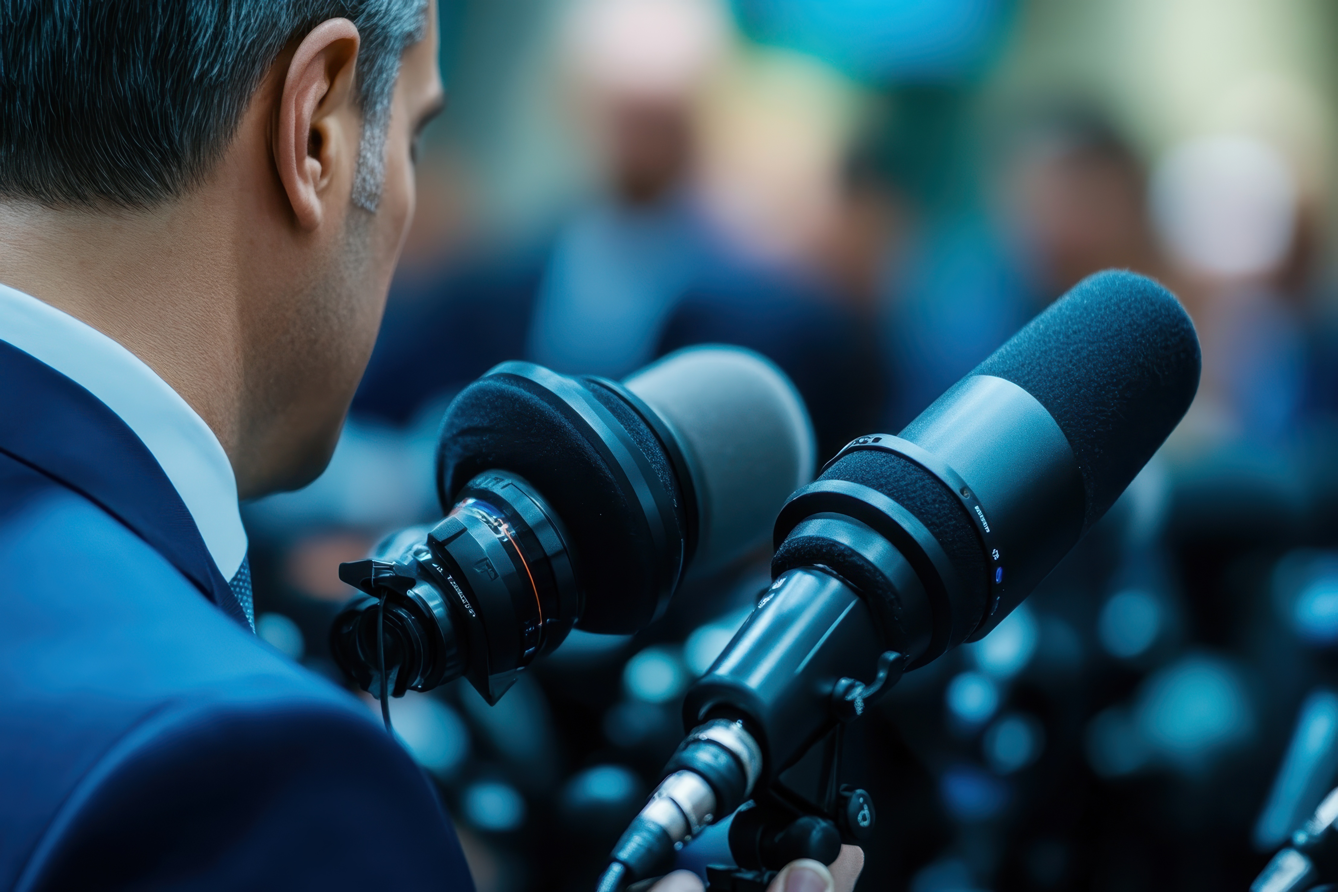Le PDG de l'agence Nitidis spécialiste de la communication de crise, gestion de crise et en média training, face à des micros tient une conférence de Presse.