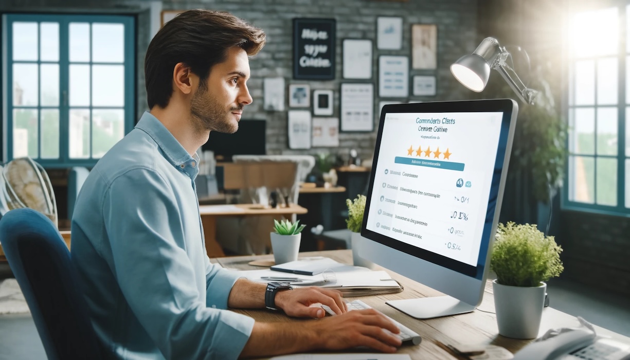 Un représentant du service client à un bureau, répondant à des avis négatifs en ligne sur un ordinateur.