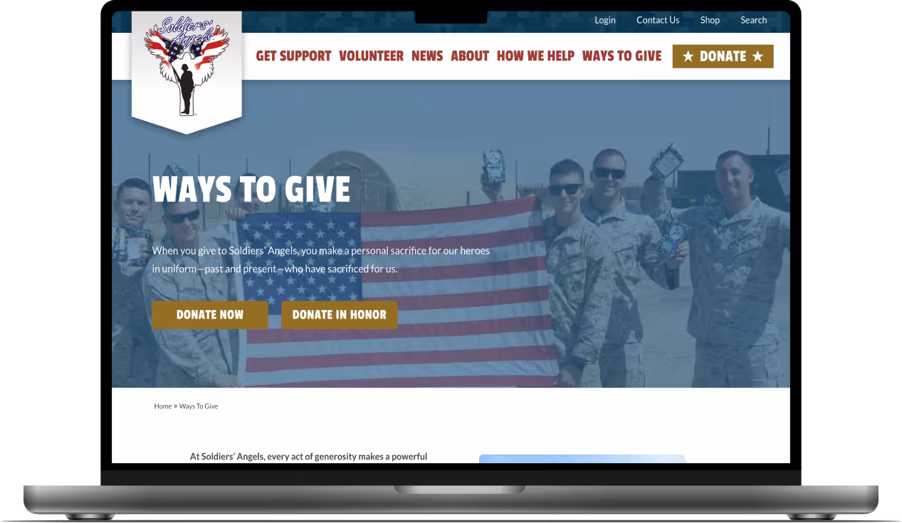 The desktop "Ways to Give" screen mockup for Soldiers' Angels.
