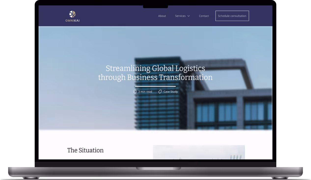 Mockup of the 'Streamlining Global Logistics through Business Transformation' case study.