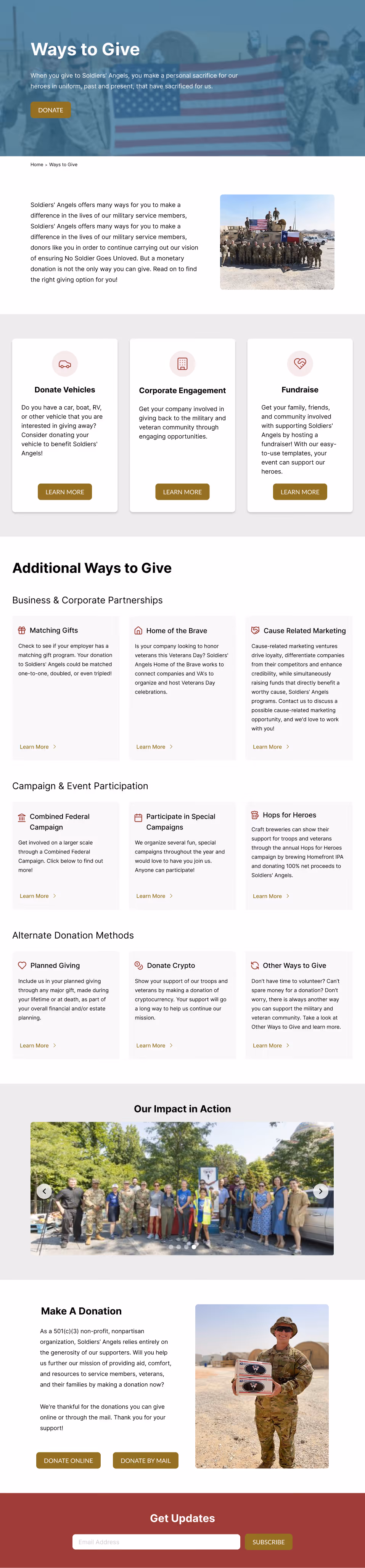 Desktop mockup of the redesigned Soldiers' Angels Ways to Give page, featuring 7 sections including primary Ways to Give, Our Impact in Action, and Making a Donation.