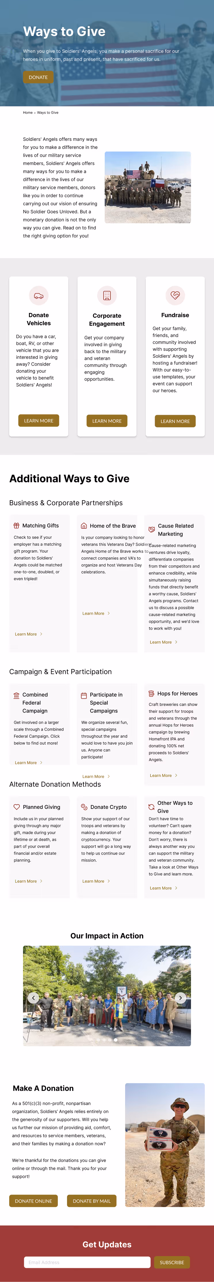 Tablet mockup of the redesigned Soldiers' Angels Ways to Give page, featuring 7 sections including primary Ways to Give, Our Impact in Action, and Making a Donation.