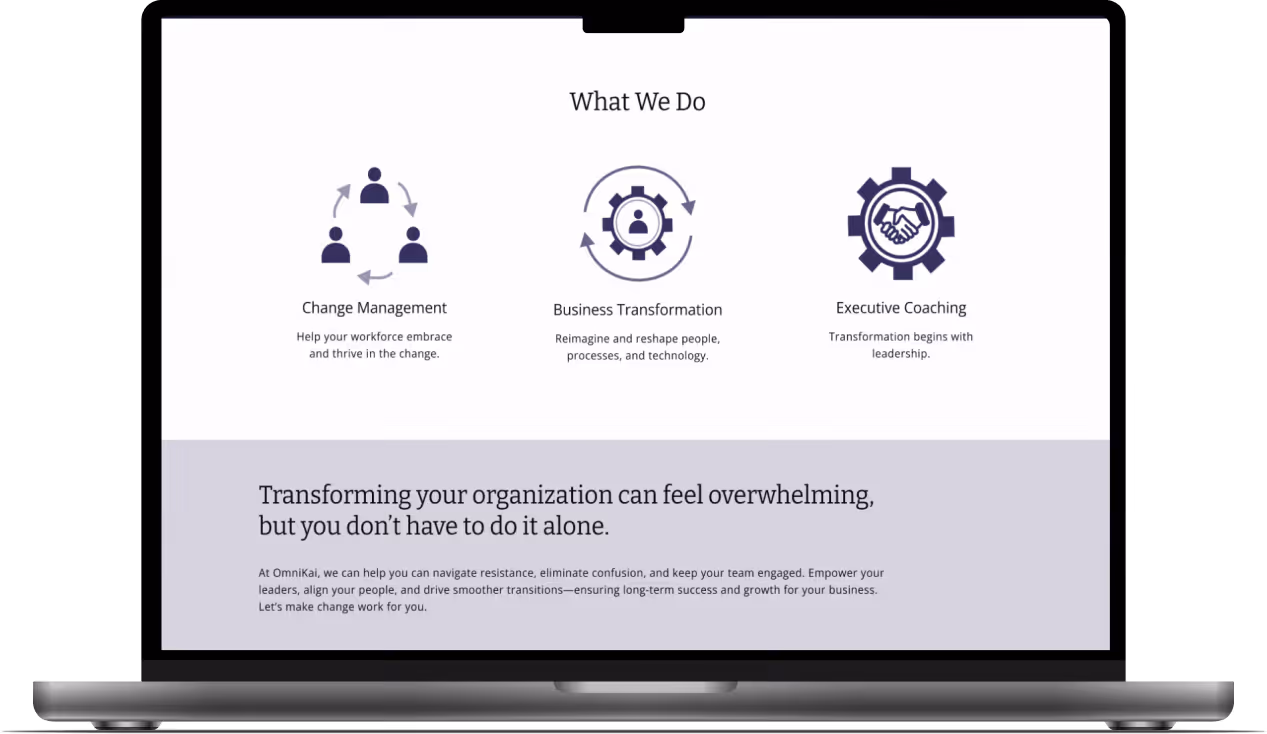 Mockup of the second section on the home page featuring the Change Management, Business Transformation, and Executive Coaching services.