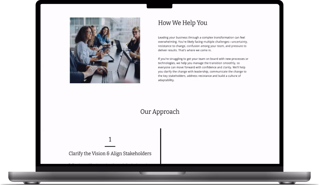 Mockup of the Change Management service page, featuring the second section about 'How We Help You'.