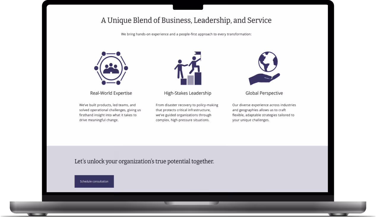 Mockup of the About page featuring a section that covers OmniKai's unique leadership skills.