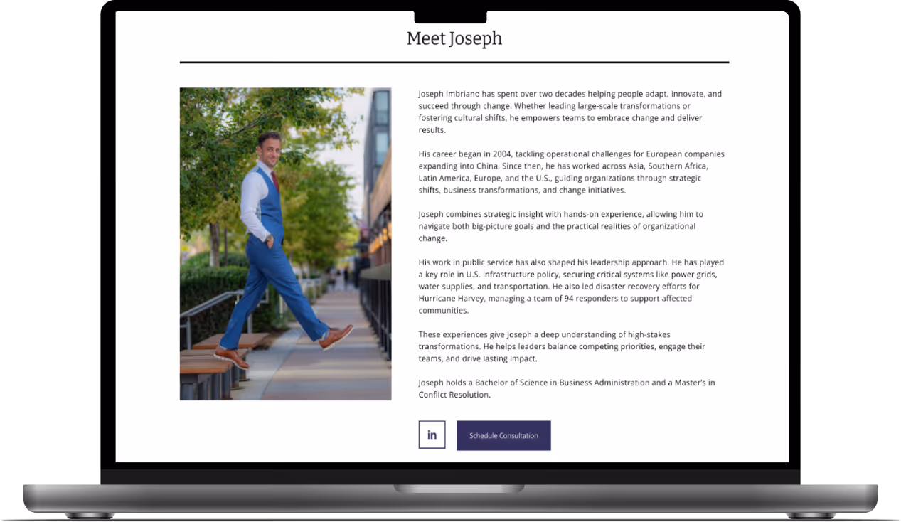Mockup of the About page featuring a section about the business owner.