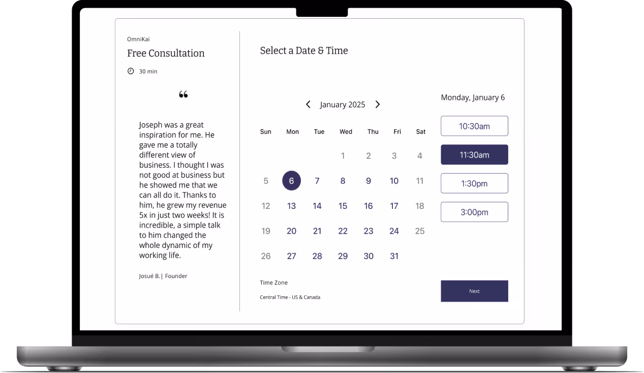 Mockup of the first step to schedule a consultation with OmniKai.