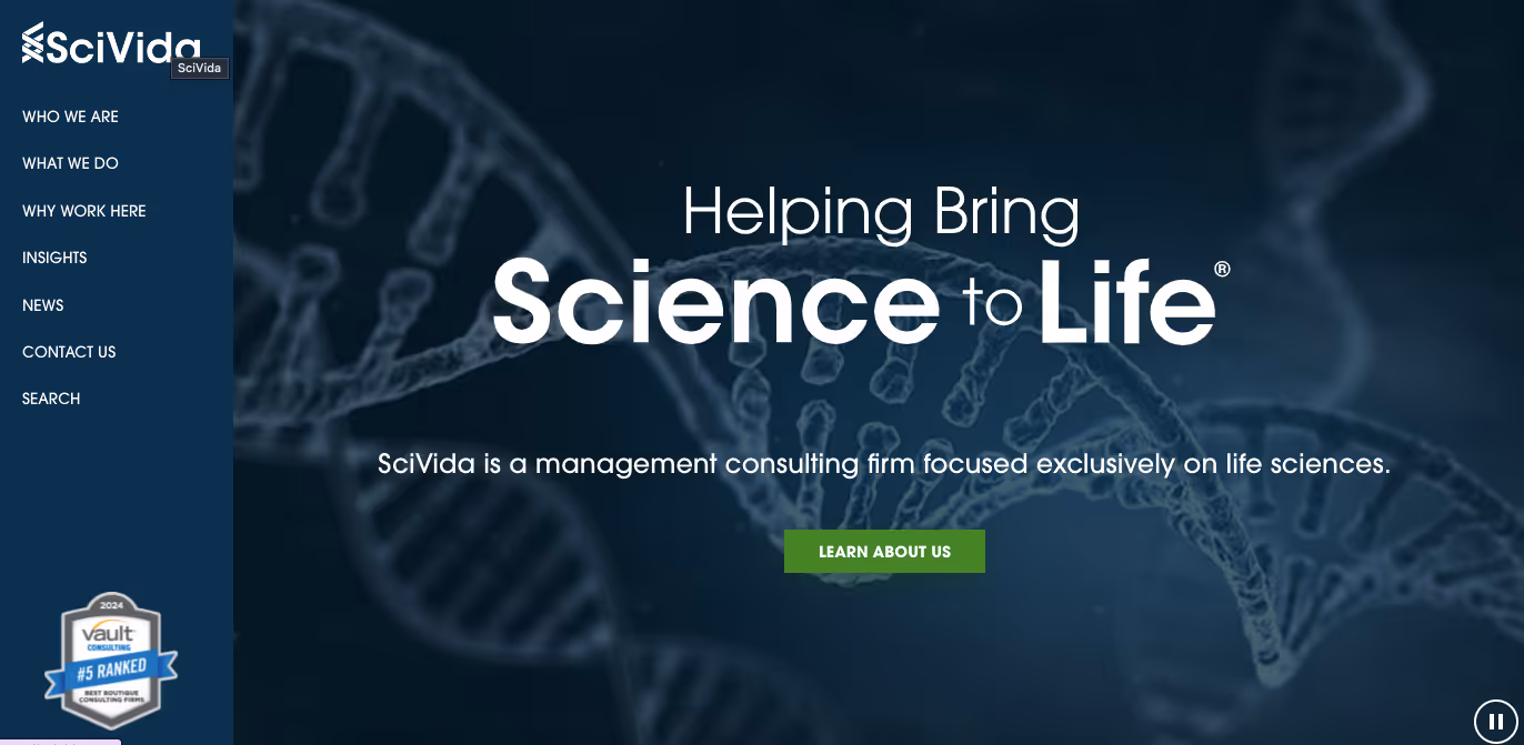 SciVida website home page hero section.