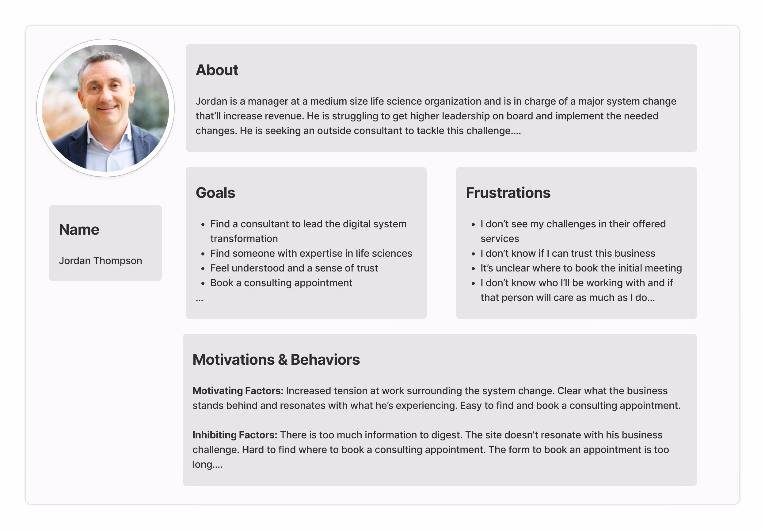User persona diagram for Jordan, a life science organization manager seeking a consultant to lead a digital system transformation and considering OmniKai.