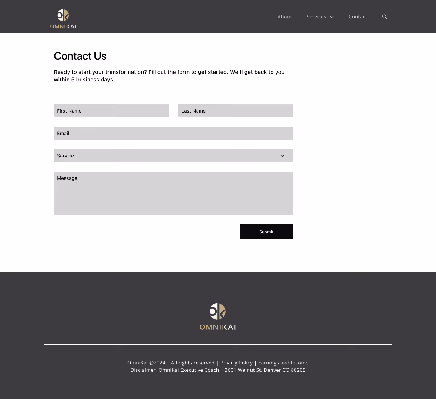 Wireframe of the contact page for OmniKai.