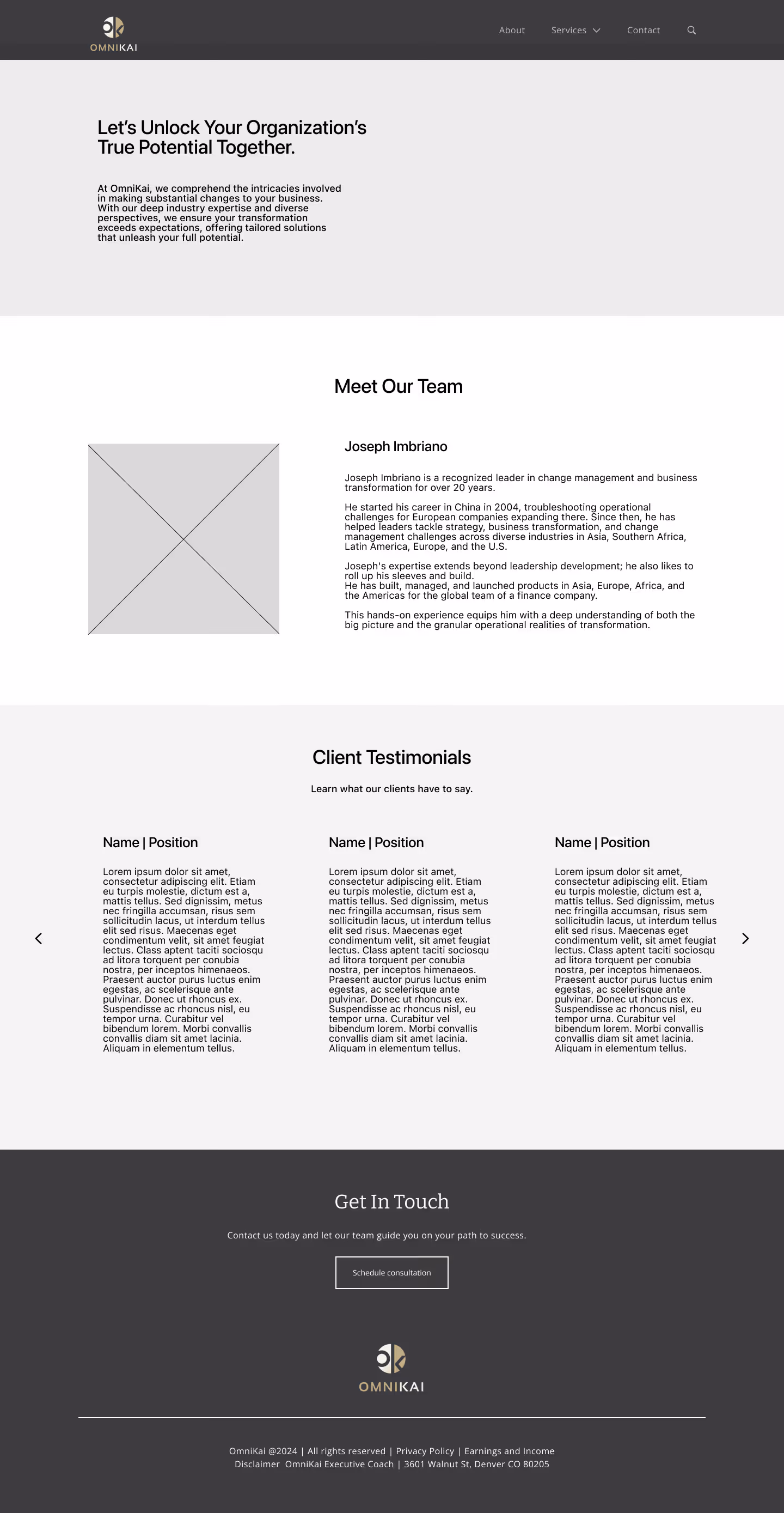 Wireframe of the About page for OmniKai.
