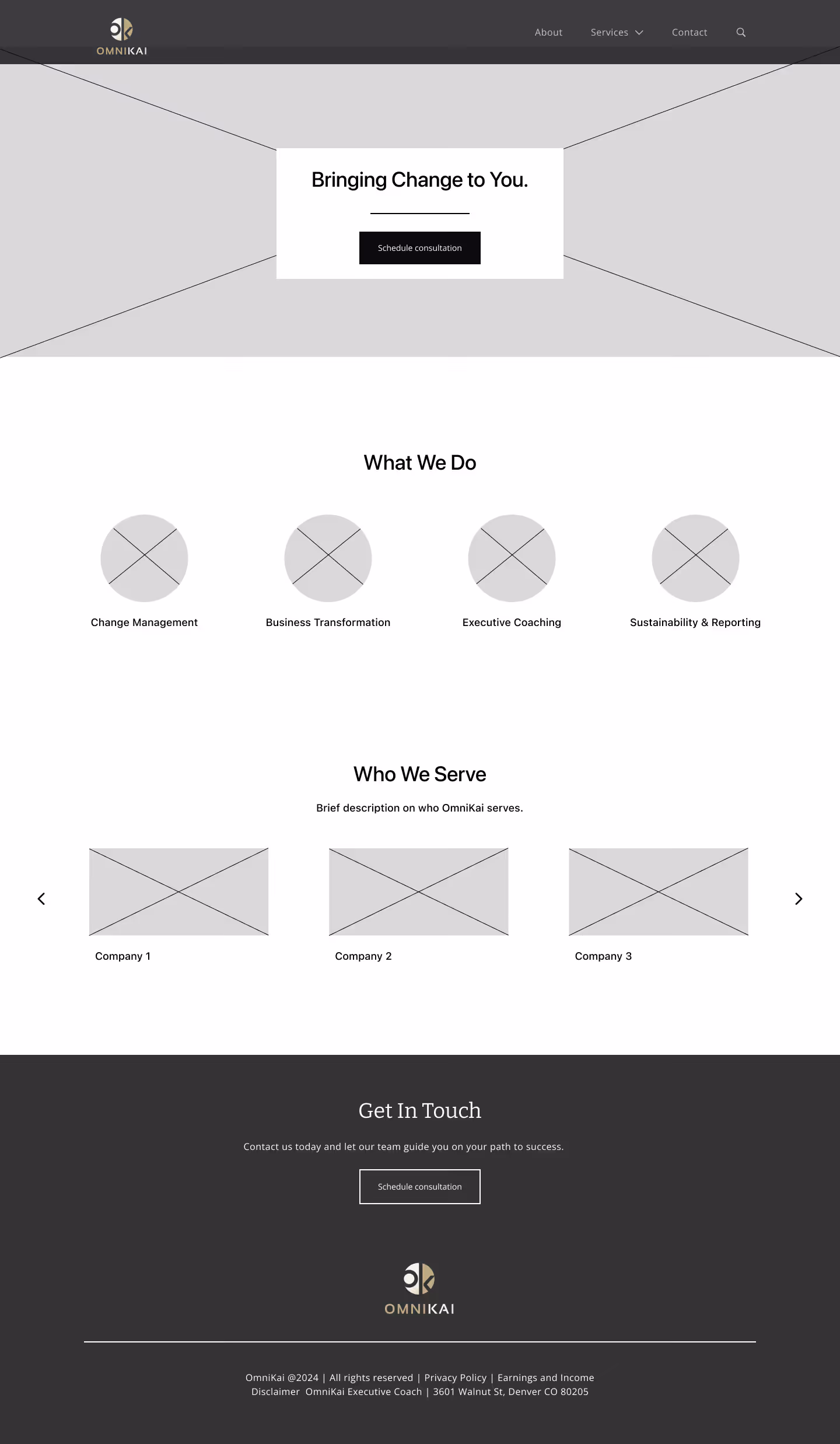 Wireframe of the home page for OmniKai.