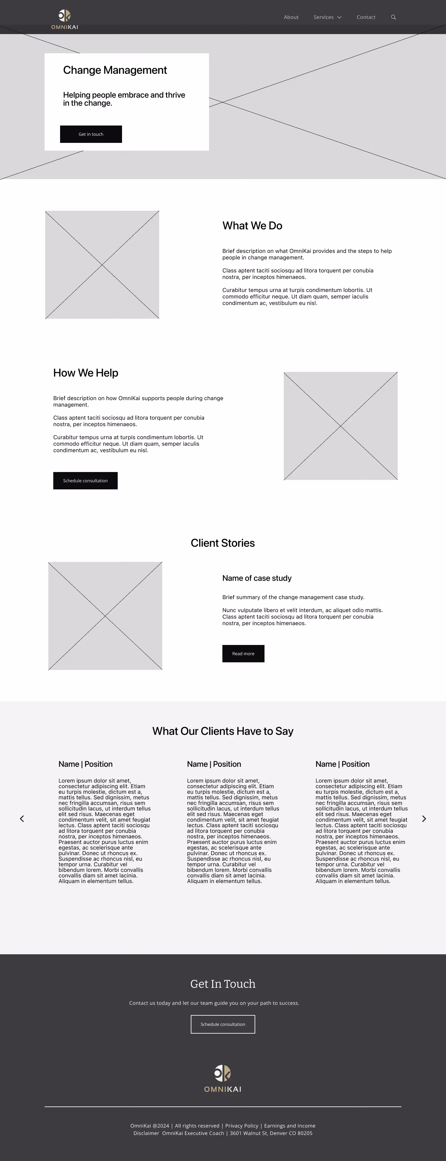 Wireframe of the Change Management service page for OmniKai.