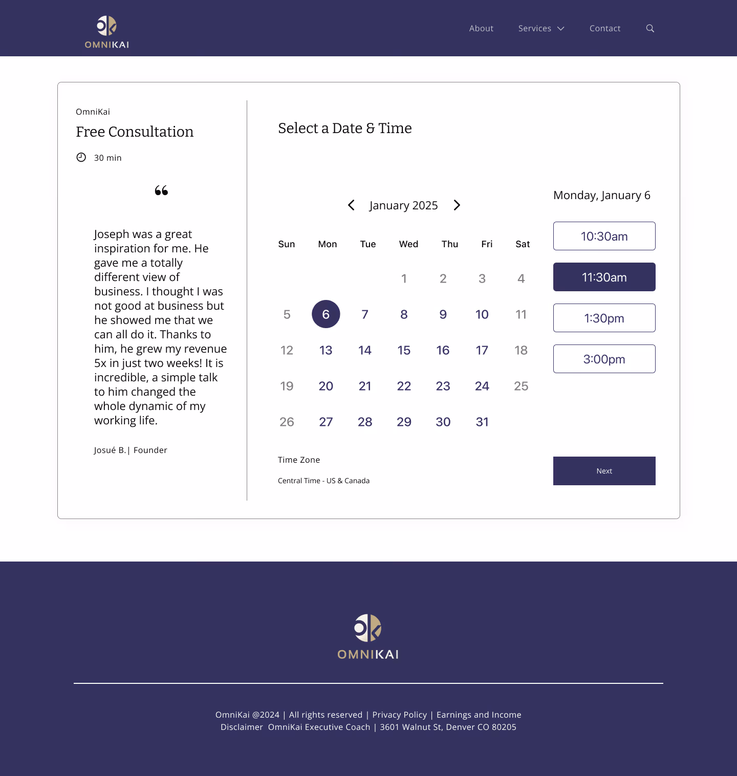 Mockup of the first step to schedule a consultation with OmniKai, select a date and time.