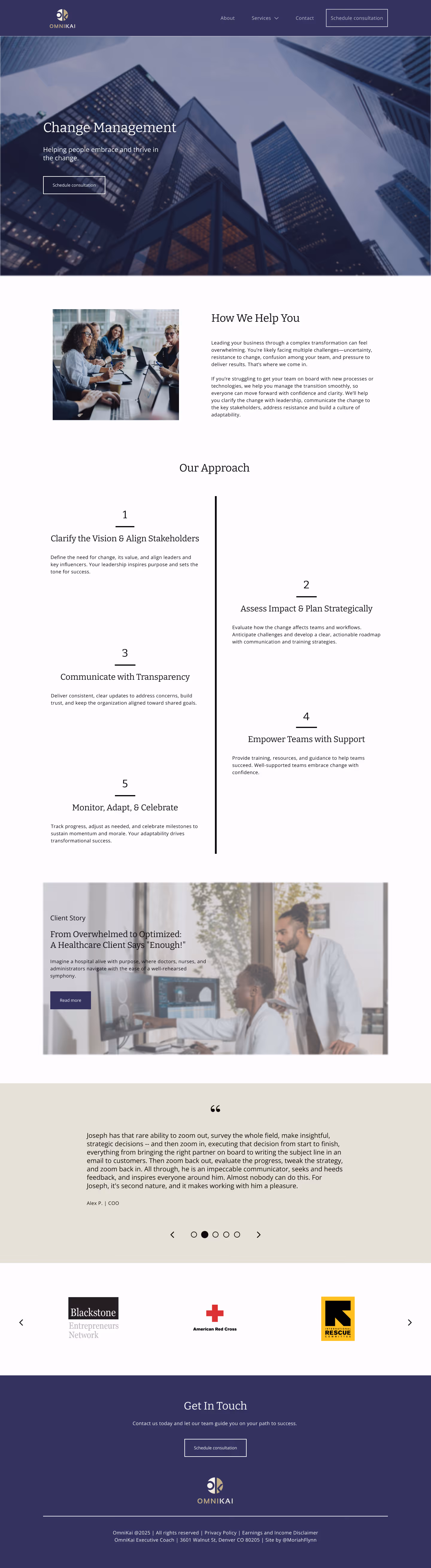 Mockup of the Change Management service page for OmniKai.