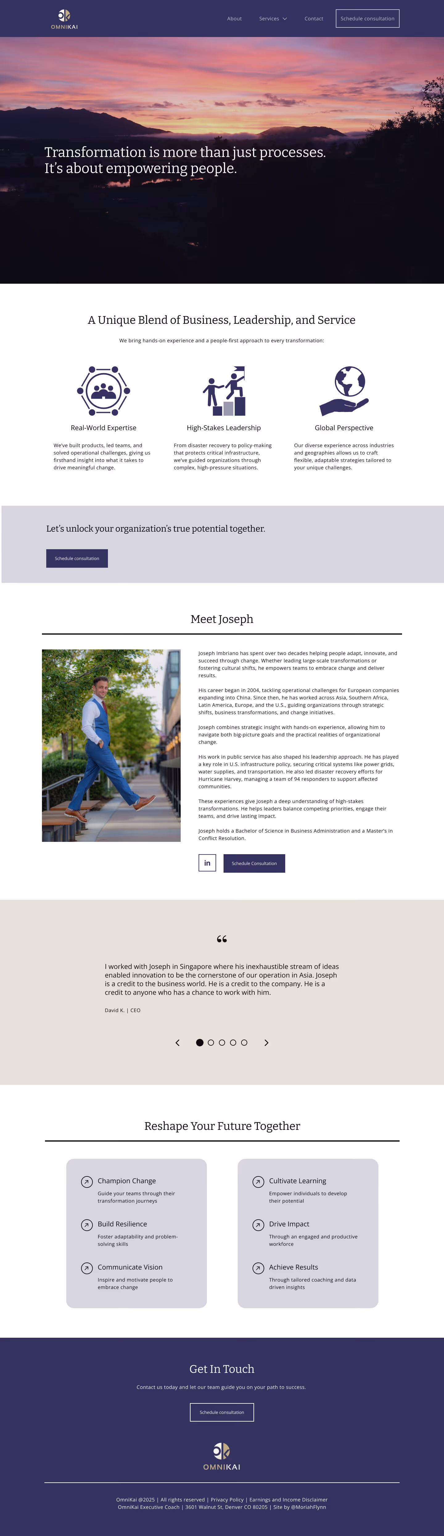 Mockup of the About page for OmniKai, featuring 6 key sections.