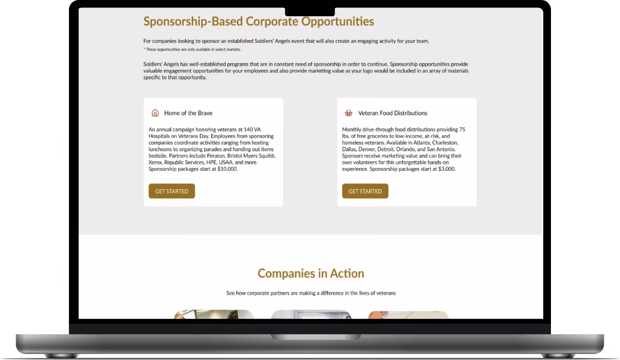 Mockup of the Sponsorship Corporate Opportunities section for Soldiers' Angels.