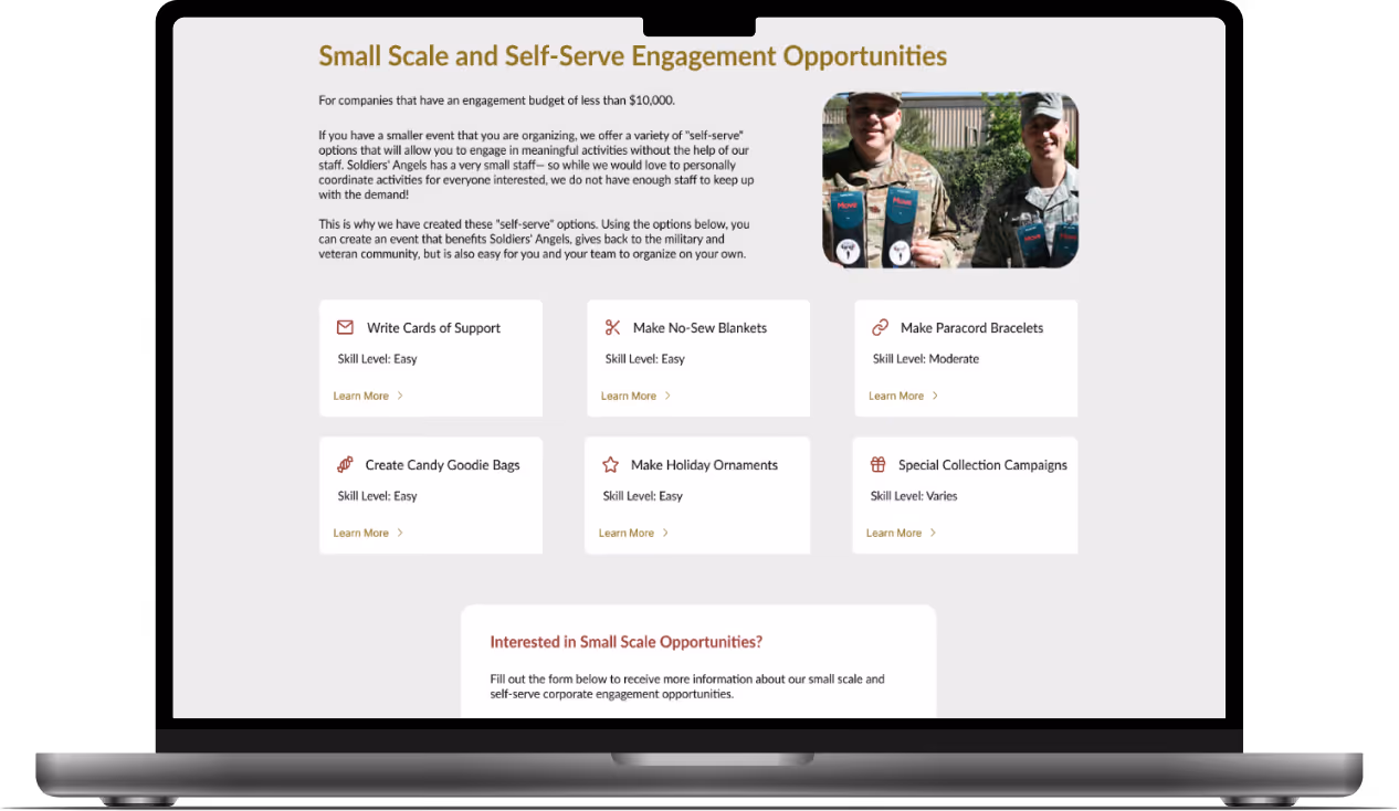 Mockup of the Small Scale Engagement Opportunities section for Soldiers' Angels.